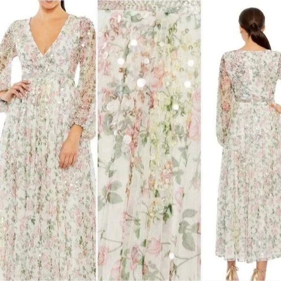 Mac Duggal 93788 Floral Beaded Sequin Midi Tea Length Dress SZ 4 NWT - Picture 1 of 6